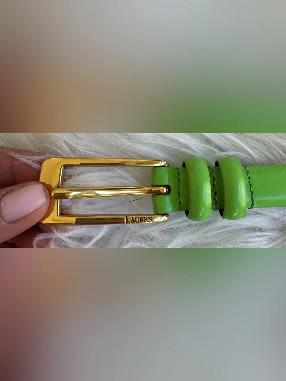 Vintage Y2K Lauren Ralph Lauren Lime Green Leather Belt with Gold Buckle